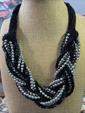 Black metal multistrand chain braided w/ black and silver acrylic beads necklace